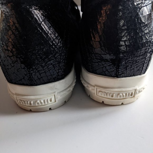 MIU MIU Black Leather High Top Sneaker Donna Cracle - Picture 12 of 12